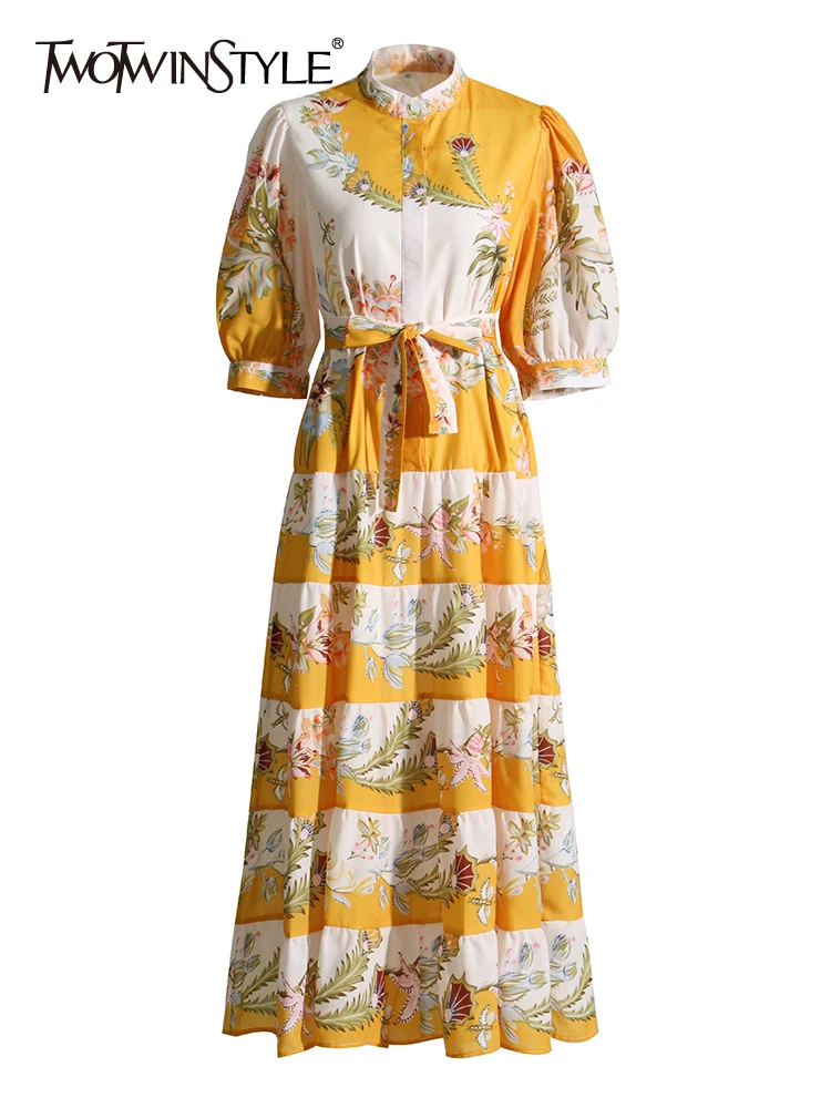 

Женское платье с отложным воротником TWOTWINSTYLE, разноцветное платье-туника с пышными рукавами и высокой талией, 2023