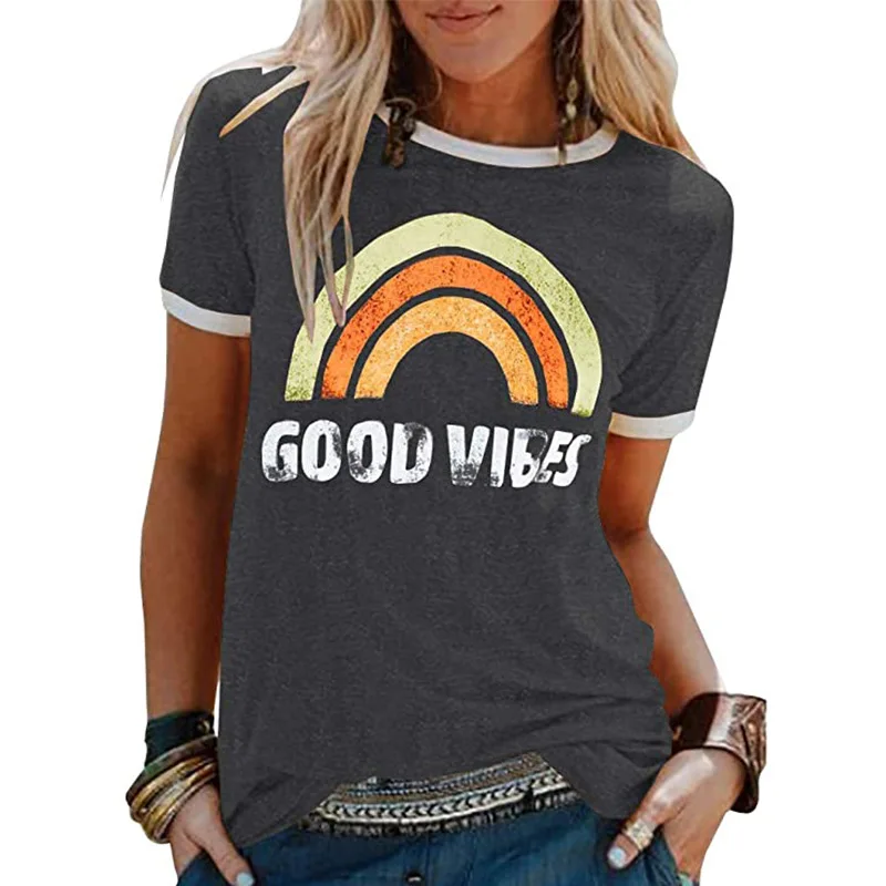 

2021 O-Neck Short Sleeve Loose Tshirt Woman Clothes Plus Size Rainbow Print T-shirt for Women Casual Summer Tops Female Fashion