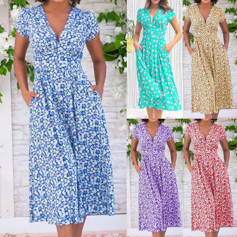 

Casual Dress Back Zipper V Neck Mid Waist Floral Design Bohemia Dress for Holiday