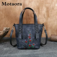 motaora retro women bucket bag handmade embossed cow leather handbags for female genuine leather shoulder bag ladies floral tote