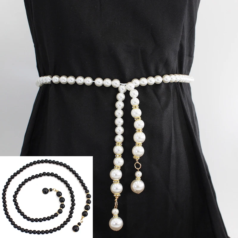 

Elegant Pearl Beaded Waist Chain For Women Long Thin Skinny Waist Belt Adjustable Wedding Belts Dress Decoration Chain Belt New