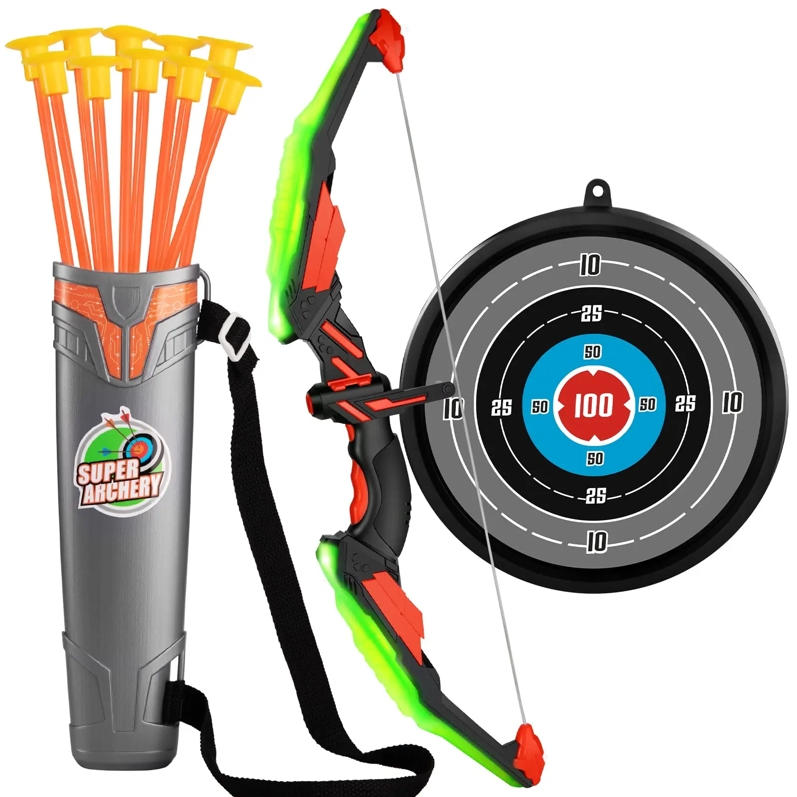 

Archery Toy Set - LED Light Up with 10 Suction Cup Arrows, Target & Quiver, Indoor and Outdoor Bow and Arrow Set for Kids