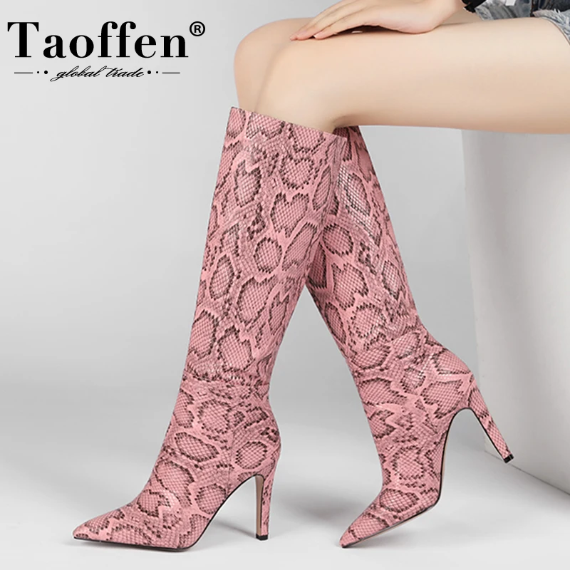 

Taoffen Size 34-43 Women Long Boots Snake Pattern Thin Heel Shoes Woman Winter Sexy Fashion Knee Boots Female Party Footwear