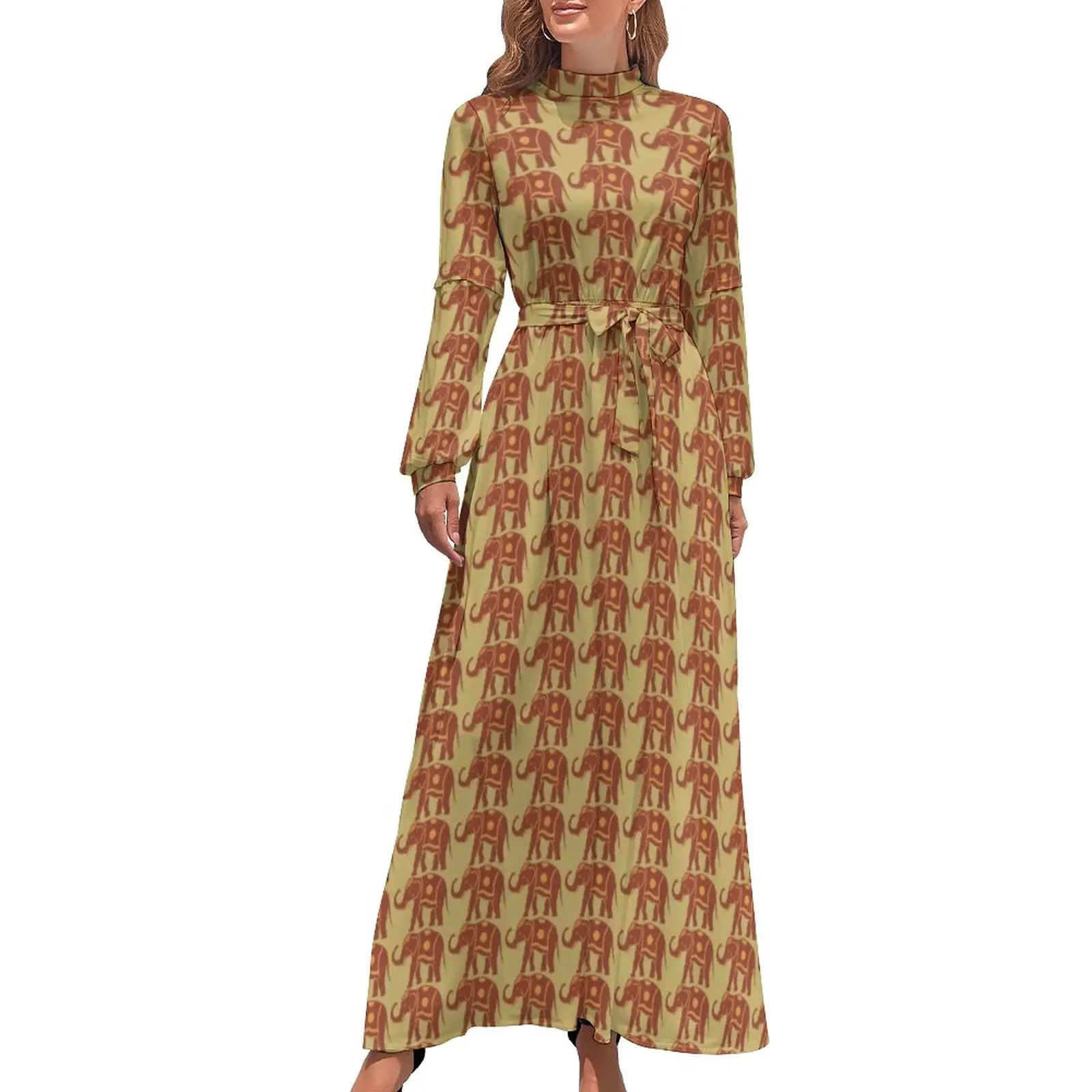 

Retro Elephant Dress High Neck Elephants Orange Design Boho Beach Dresses Long Sleeve Aesthetic Long Maxi Dress Party Clothing
