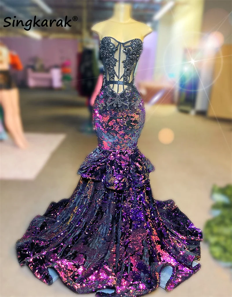 

Sparkly Crystals Mermaid Long Prom Dresses 2023 Sexy llusion Glitter Sequins Graduation Homecoming Party Gowns Robe De Bal