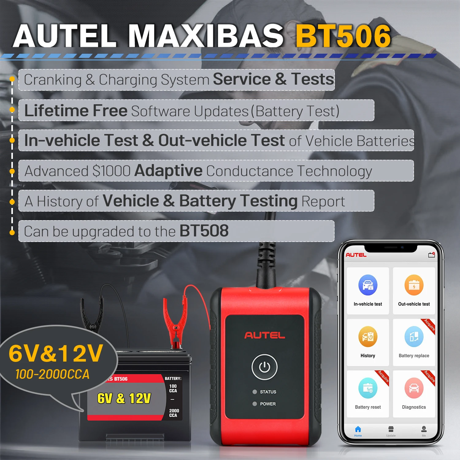 Autel MaxiBAS BT506 автоматический тестер аккумуляторной батареи 6-12 в 100-2000 CCA инструмент