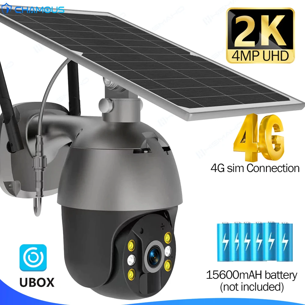 4MP 2K واي فاي كاميرا لوحة طاقة شمسية 4G سيم اللاسلكية في الهواء الطلق الأمن كام شحن بطارية مراقبة الفيديو الكاشف UBOX جديد CCTV