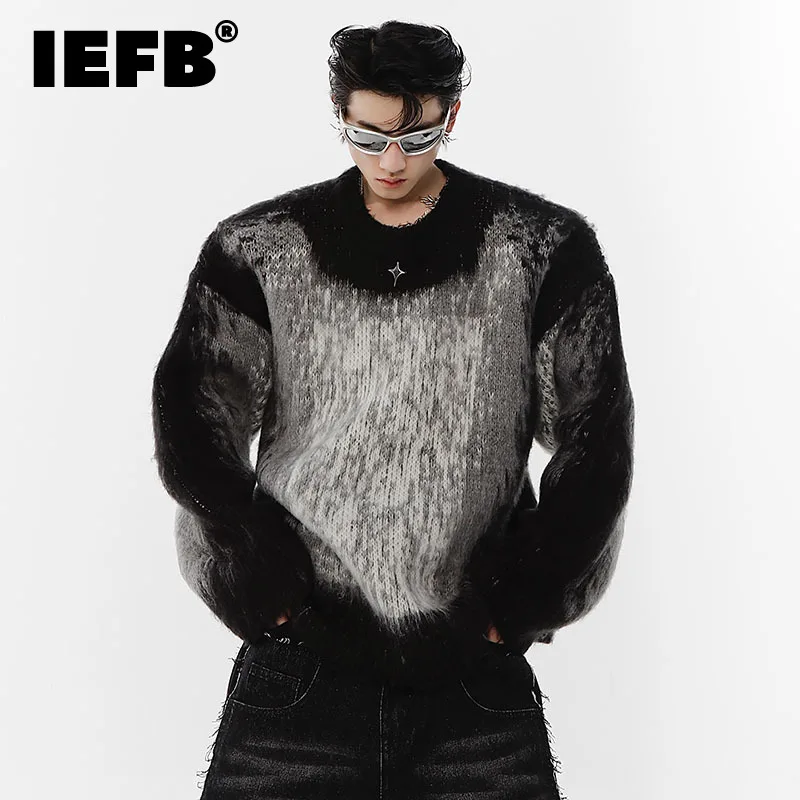 

IEFB Thickened Tie Dyed Mohair Men Sweater Round Neck Loose Contrast Color 2023 Casual Darkwear Male Pullover High Street 9A6578