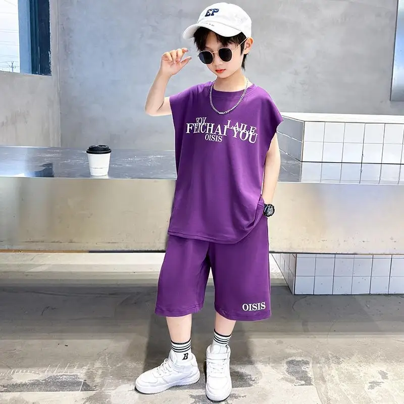 

Спортивная футболка для мальчиков-подростков 2 шт., короткий рукав, жилет, корейская детская одежда, повседневная брендовая футболка, 2023