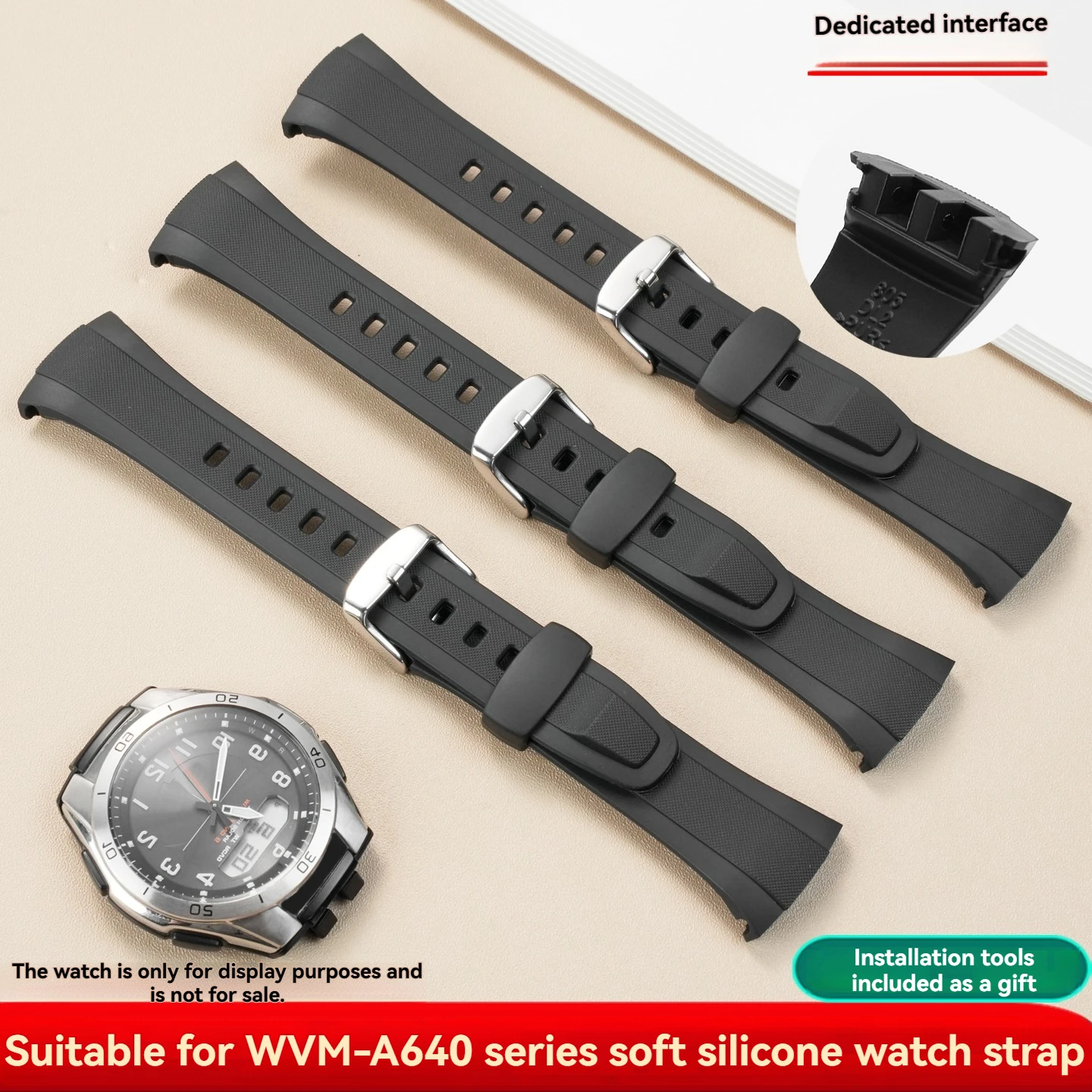 Фото Водонепроницаемый черный спортивный силиконовый ремешок для часов Casio Solar 6-Band WVA-M640/WVA-M650/WVQ-M410 №1
