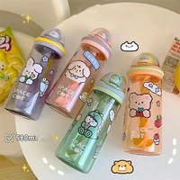 580ml cartoon water bottle juice milk pastic cup with straw students girls sports fitness gym mixing cup with stickers outdoor