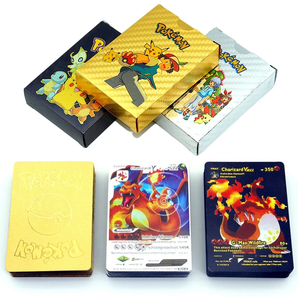 Pokemon Metal Card Spanish Box Gold Black Golden Letters Silver English Vmax Gx Collection Charizard Pikachu Cards Pack Toy Gift