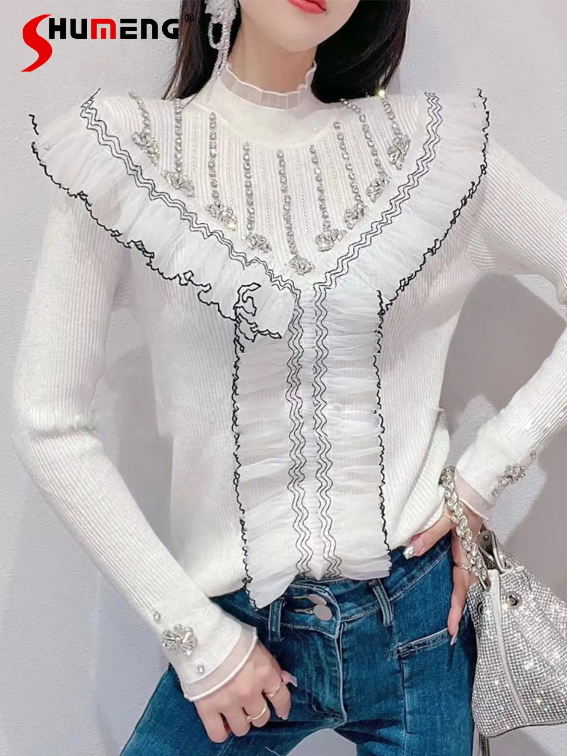 

2022 Women Fall New Korean Fashion Sweet Knitted T-shirt Ladies Fairy Simple Rhinestone V-Shaped Ruffled Slimming Patchwork Top