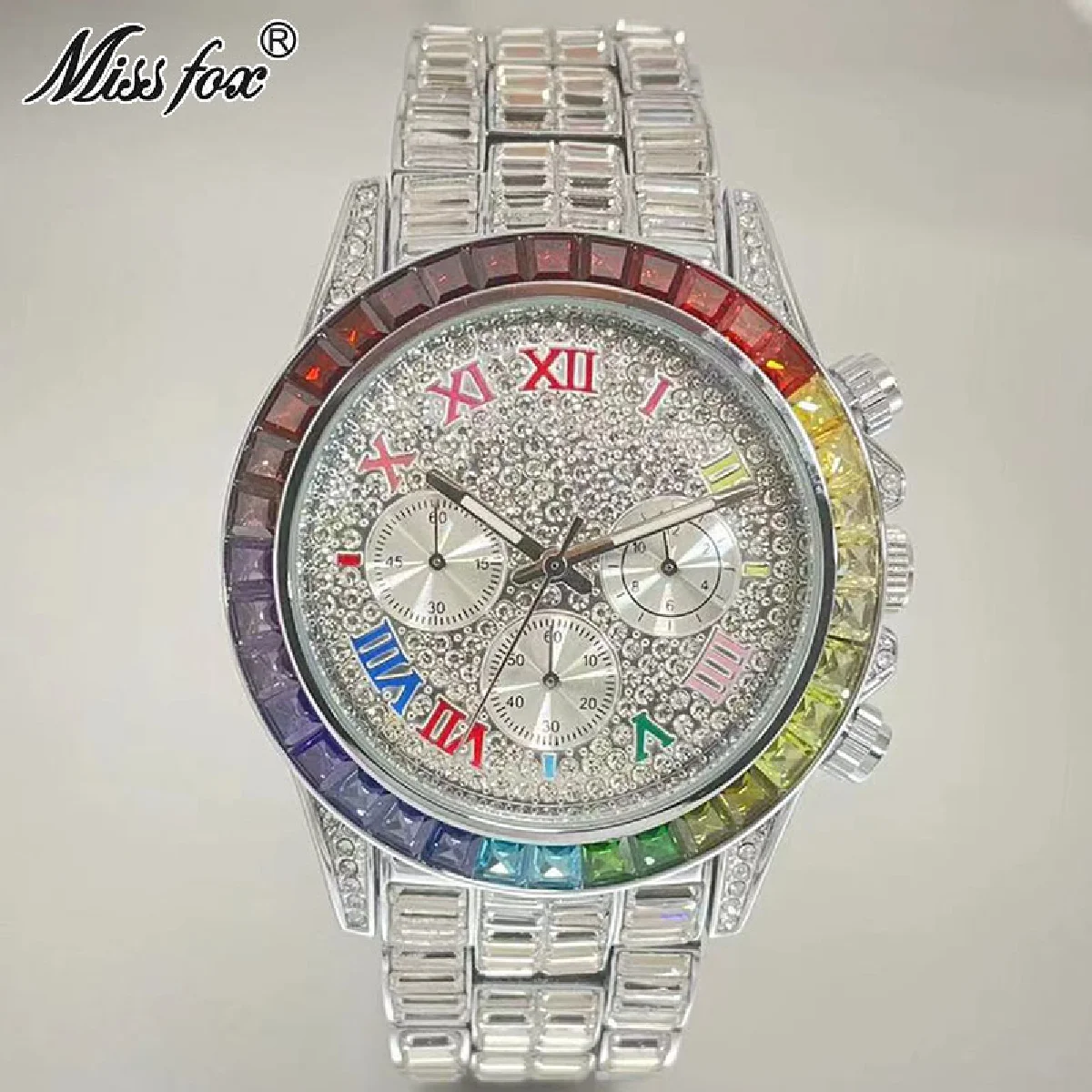 New Luxury Iced Watch For Men Fashion Brand Waterproof Quartz Clock Rainbow Rectangle Moissanite Diamond Jewelry Wristwatch Gift