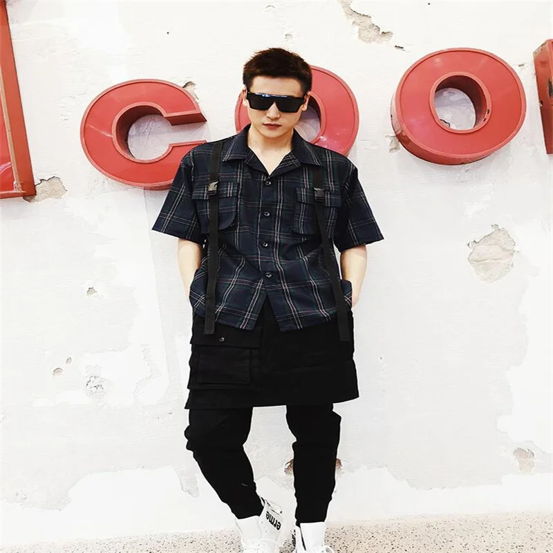 Man shirt men singer personality Loose tooling shirts Hip hop lattice short sleeve shirt men stage homme summer b674