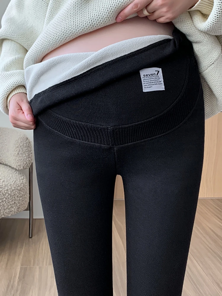 Fleece Pregnancy Pants Tights Solid Maternity Leggings Trousers Adjustable Waist Autumn Winter Warm Clothes For Pregnant Women