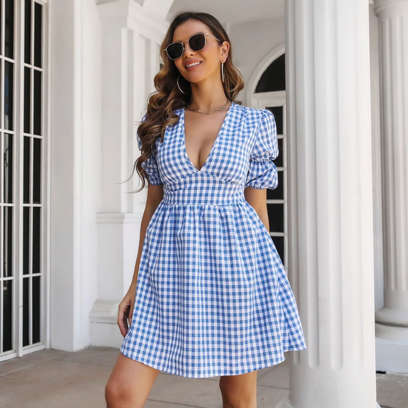 

Deep V Neck Plaid Dress For Women Lady Puff Short Sleeve A Line Dresses Vintage Style Casual Female Clothing Black Blue Yellow