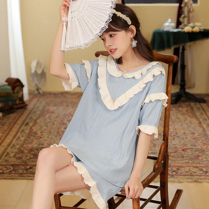 2022 New Spring And Summer Pajamas Women's Short Sleeved Cotton  Princess Style Lovely Girl Loose Home Suit sleep lounge