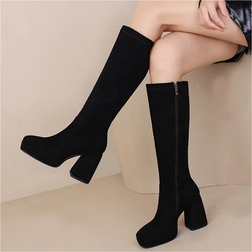 

Women Knee-High Boots Block Heeled Faux Suede Slouch Riding Booties Pull On Side Zipper Comfortable Vintage Stretch Long Boot