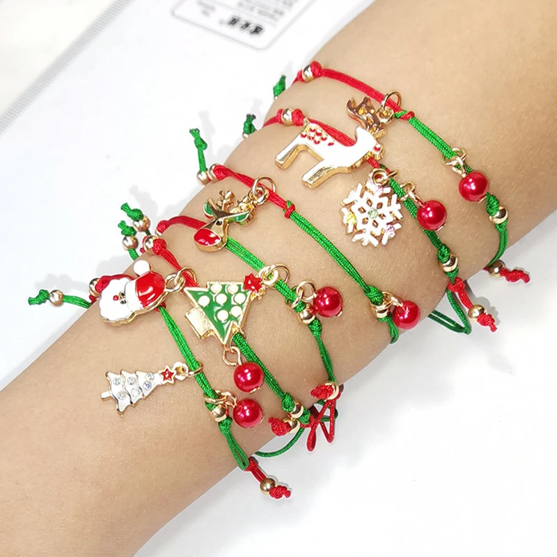 

Christmas Theme Braided Rope Bracelet Santa Claus Elk Xmas Tree Pendant Bracelet Bangle Women Kids New Year Navidad Jewelry Gift