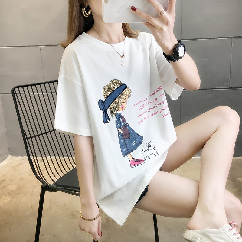 

2023 Summer T-Shirt Cotton Women Print Cartton Short Sleeve Tops Tee Shirts Loose Casual Female TShirt Sweet