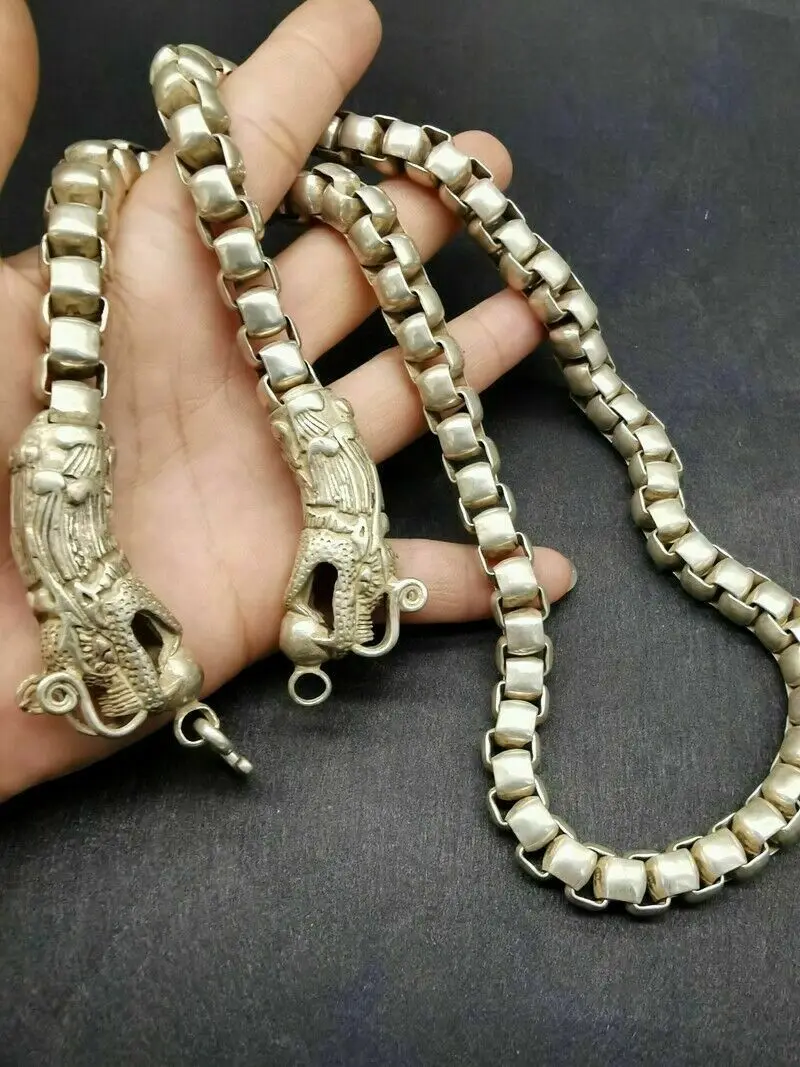 

62cm Old Chinese tibet silver handcarved double dragon head Necklace