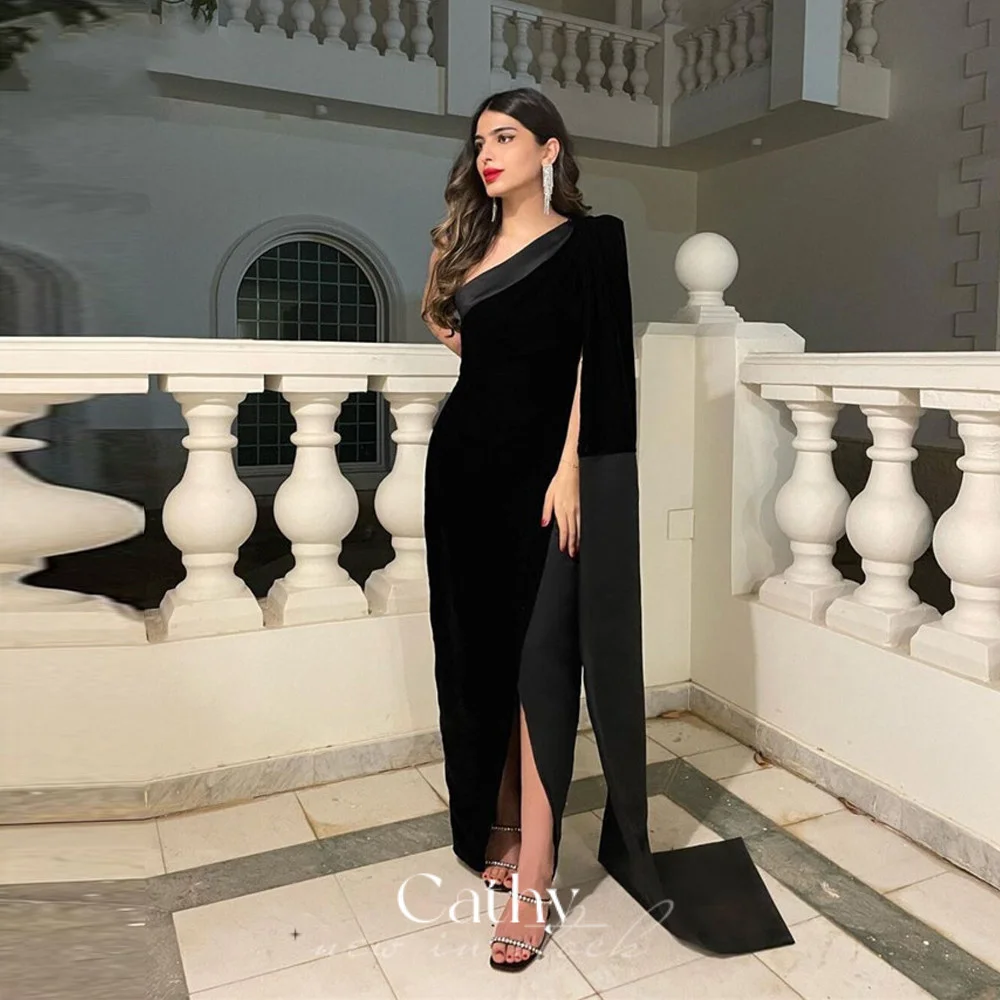 

Luxury Black Vestidos De Noche With Shawl Bride One Shoulder Party Gowns Velvet Fabric Mermaid Floor Length Prom Dress