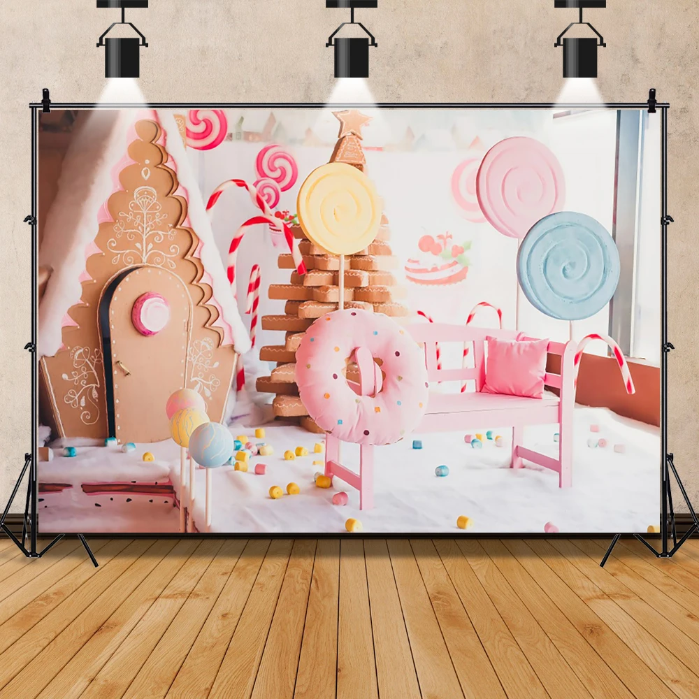 

Laeacco birthday party decoration lollipop donut cookies candy background painting newborn photo photography auxiliary props