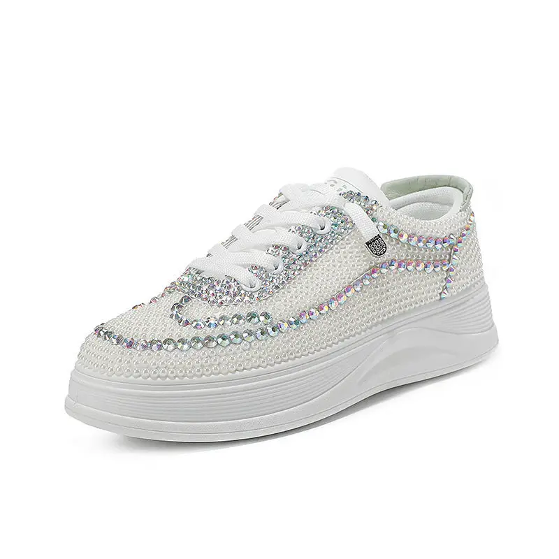 

2022new Women's European and American Style Handmade Original Spring and Autumn Pearl Flat Casual Sneakers round Toe Party Shoes