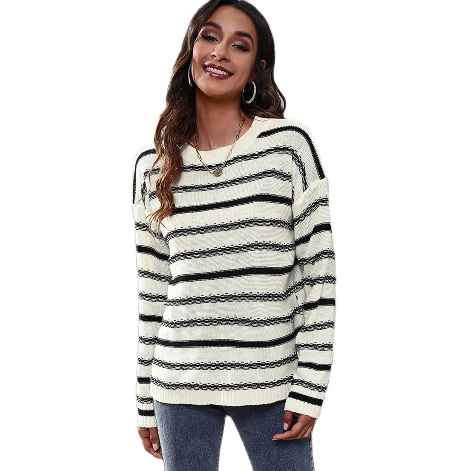 

Ladeis Loose Striped Sweater Women Knitted Pullovers Tops Female Loose Casual Autumn Winter Chic Pull Femme Jumper Women Sweater