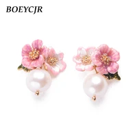 boeycjr elegant enamel flower simulated pearl stud earrings handmade fashion jewelry vintage earrings for women gift