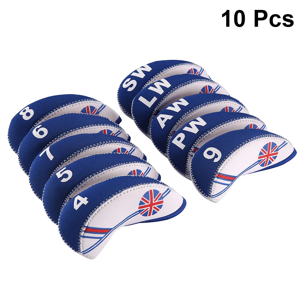 

10 PCS Head Covers Club Covers British Neoprene Club Headcovers Iron Putter Headcover Putter Head Protector Set (White and Blue)