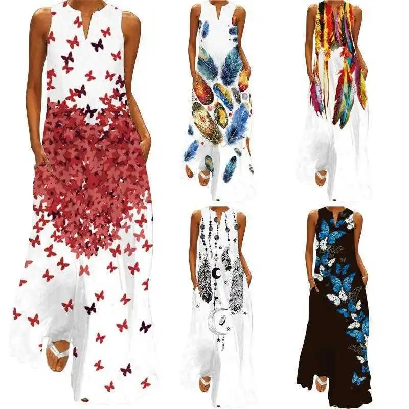 

Large Size Womens Dress With Pockets Summer Deep V Neck Sleeveless Printed Long