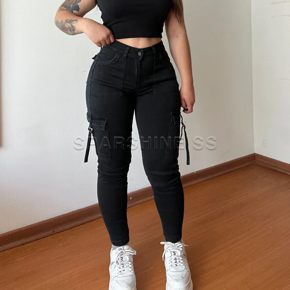 Брюки-карго Y2K женские стрейчевые черные брюки-стрейч Модная Джинсовая одежда с