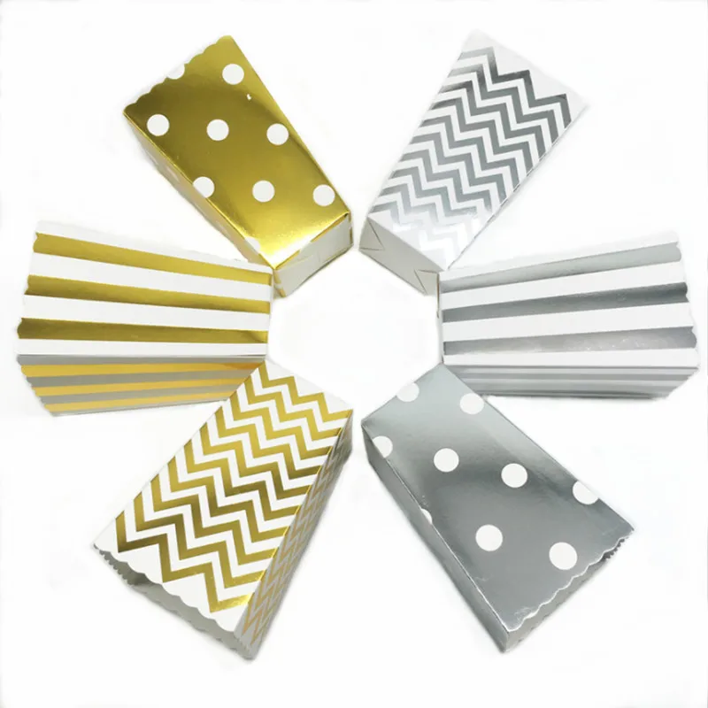 

6pcs Gold/sliver Popcorn Box Chevron Stripes Dot Gold Gift Box Party Favour Wedding Party Pop Corn Kid Party Decoration Boxs
