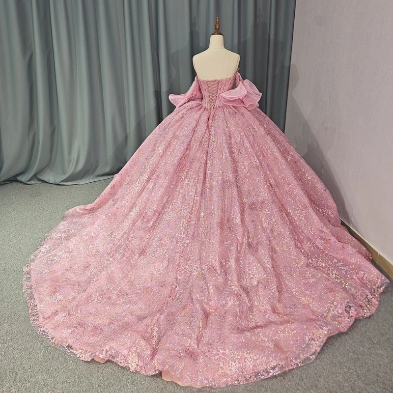 Розовые иллюзионные блестящие платья Quinceanera бальное платье с открытыми плечами