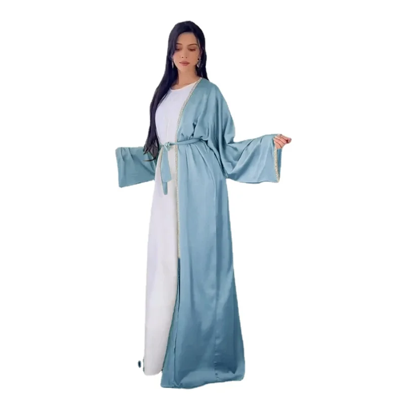 Kimono Abaya Dubai Solid Soft Satin Hot Fix Rhinestone Tape Trim Belted Cardigan Robe Woman Corban Eid Al Adha 2023 New