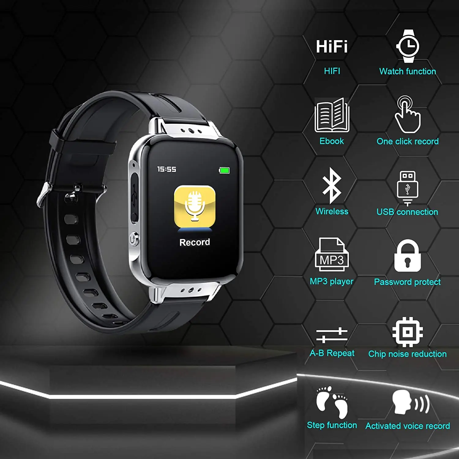 

16GB Watch Voice Recorder Digital Voice Activated Voice Recorder with Play/20H Continuous Tape Password/Bluetooth/Pedometer S11