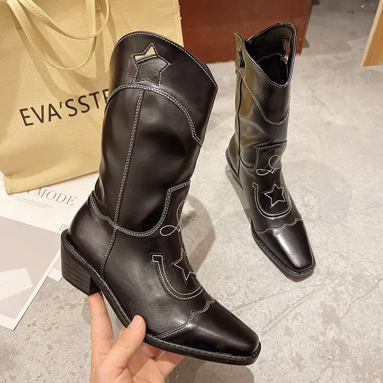 

2022 black star embroidery 43 size calf boots heel height 5cm female British style knight boots