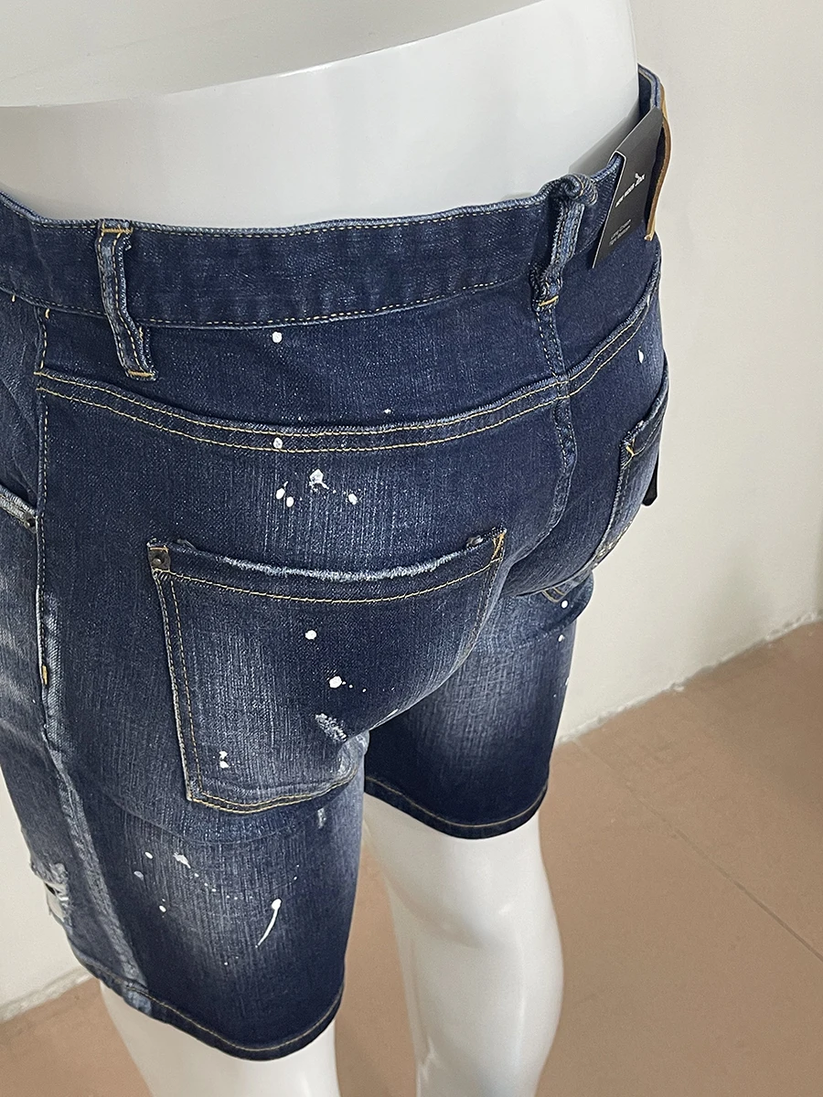 2023SS new summer Jean Shorts Man D 2 Jeans Fashion Deep Blue Hole Patch Tide micro-bounce five points
