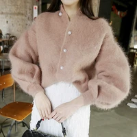 chic pearls beads fluffy mohair sweater lantern sleeved knitted cardigan buckles sweater velvet jacket oversized sweater tops