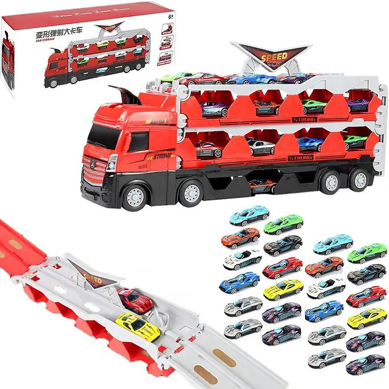 Hauler Truck Carrier Truck Toy With Folding Ejection Race Track Big Truck Folding Storage Race Track Deformation Car Transporter
