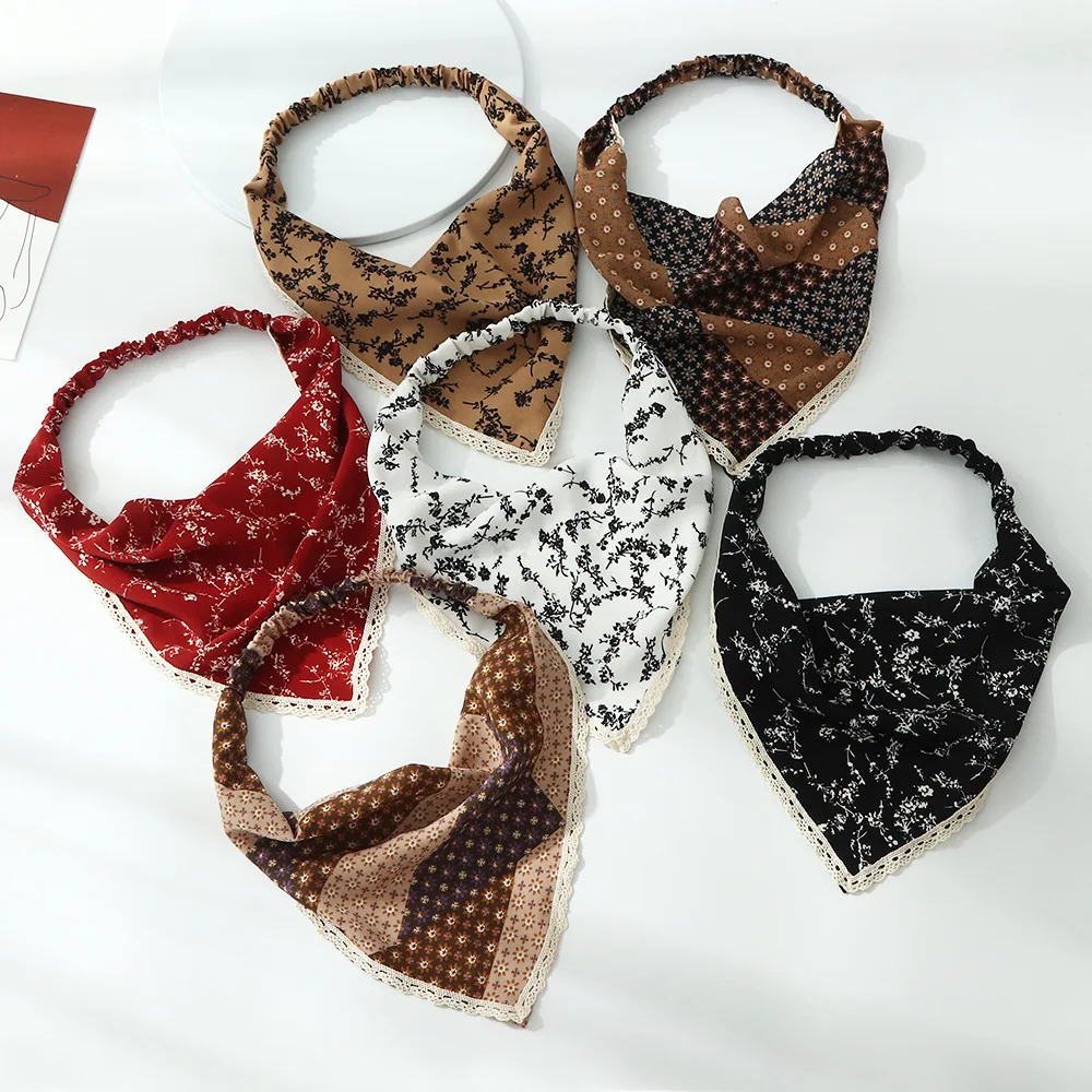 

Designer Brand Elastic Hair Scarf for Women Girls Flower Print Turban Triangle Headwrap Female Hair Bandana Chiffon Headband