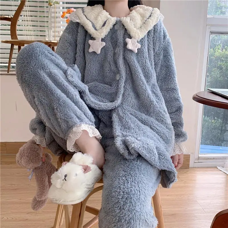 QWEEK Winter Women's Pajamas Kawaii Coral Fleece Pijamas Lace Pyjamas Soft and Warm Girls Home Clothes Blue Pink Two Piece Set