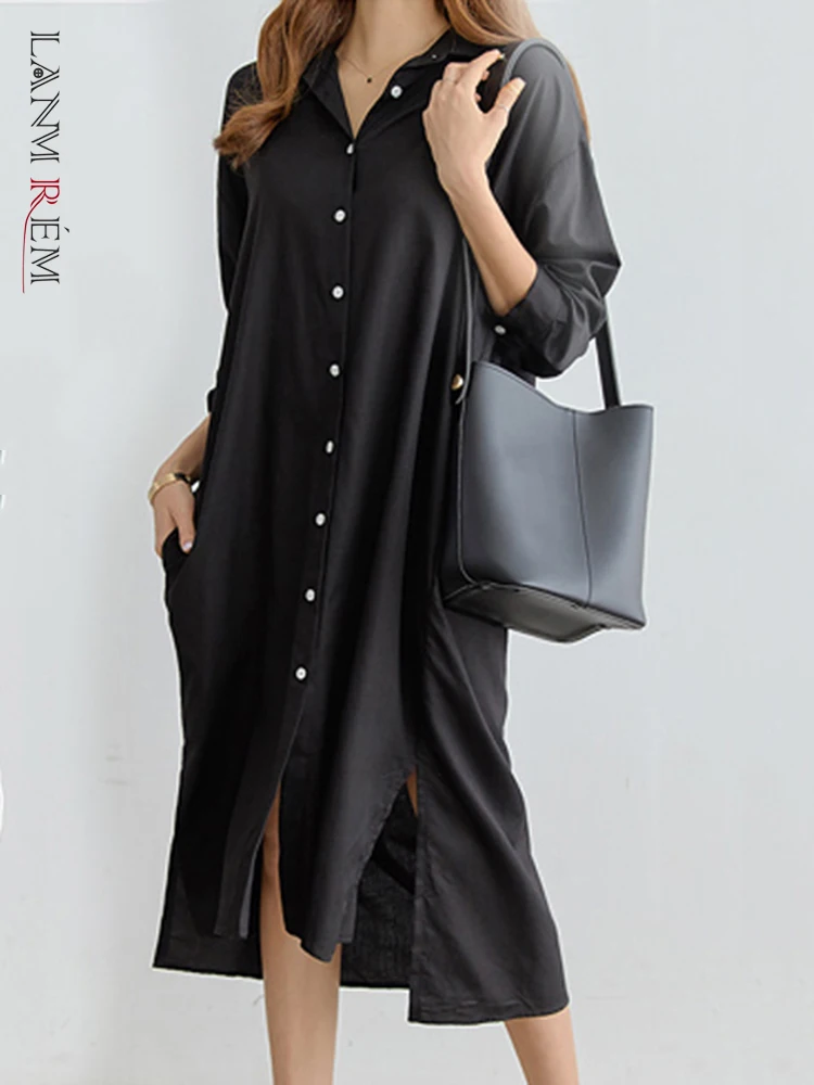 

LANMREM Single Breasted Turn-down Collar Dress For Women Solid Long Sleeve Dresses 2022 New Autumn Summer Fashion Female 2N170