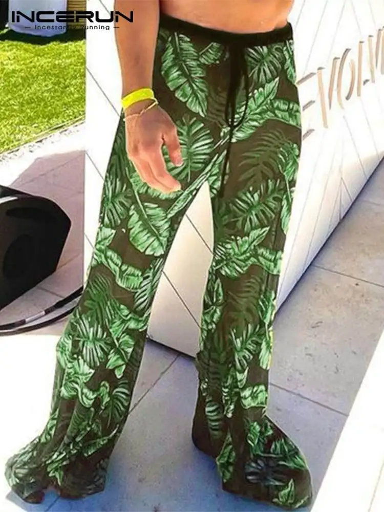 

Men Printing Pants Drawstring Joggers Streetwear See Through Wide Leg Trousers Men 2022 Loose Vacation Pantalon S-5XL INCERUN