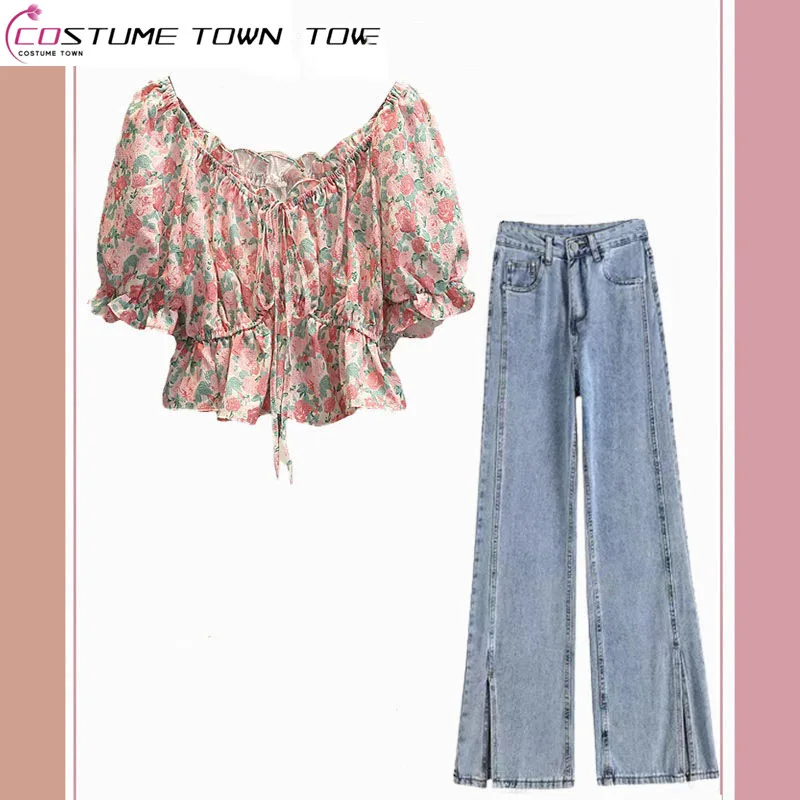 

Summer Set Women's 2023 New Style Wear Korean Style Fragmented Blossom Top Slim and Versatile Jeans Two Piece Set