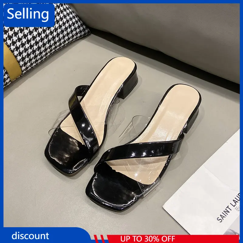 

Summer New High Heel Simple Large Slippers Women 2023 Open Toe Solid Color Transparent Cross Band Sexy Sandals Women's