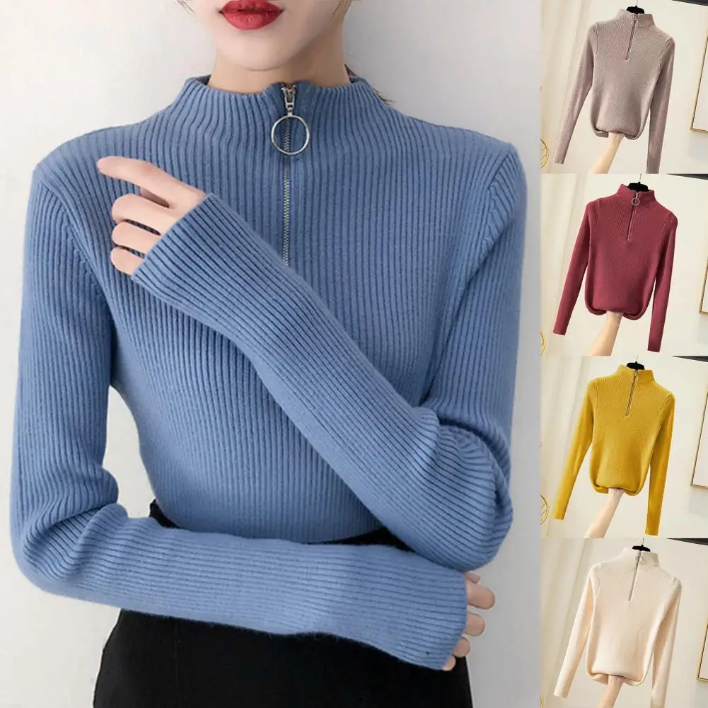 

Women Sweater Solid Color Half High Collar Zipper Decoration Casual Base Sweater for Daily Wear
