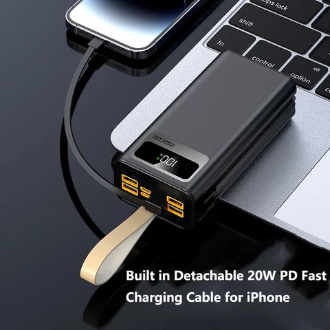 Power Bank 50000 мАч со встроенным кабелем 22,5 Вт PD Быстрая зарядка Powerbank Портативное зарядное устройство для iPhone 16 Xiaomi Samsung